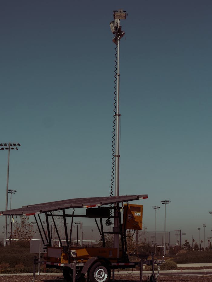 Home Vertical solar-powered mobile tower for technology and communication outdoors.